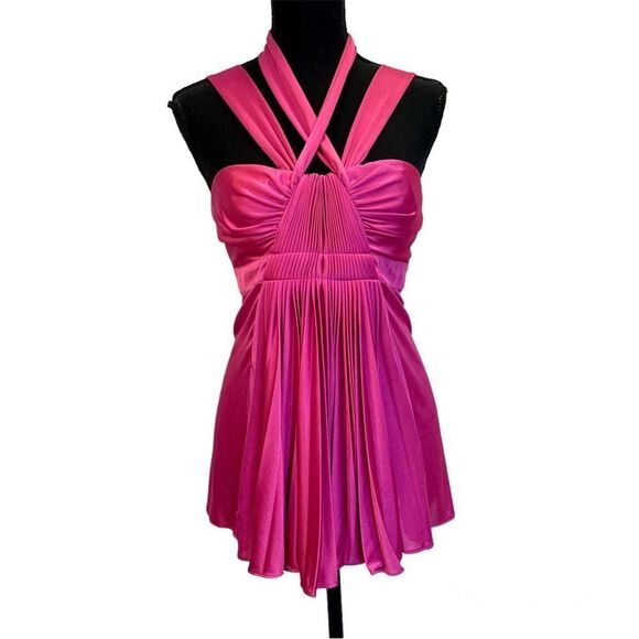 Bcbgmaxazria hot fuchsia pink satin effect pleated ruched halter top blouse Sz M - Picture 1 of 11